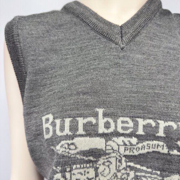 BURBERRYS Vintage 90's Scotland Prorsum Logo Wool V-Neck Gray Sweater Vest Sz 40 - Picture 3 of 6